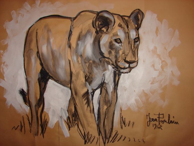 Réf: 2632. Jeune lionne, 60 x 84 cm. Prix: VENDU